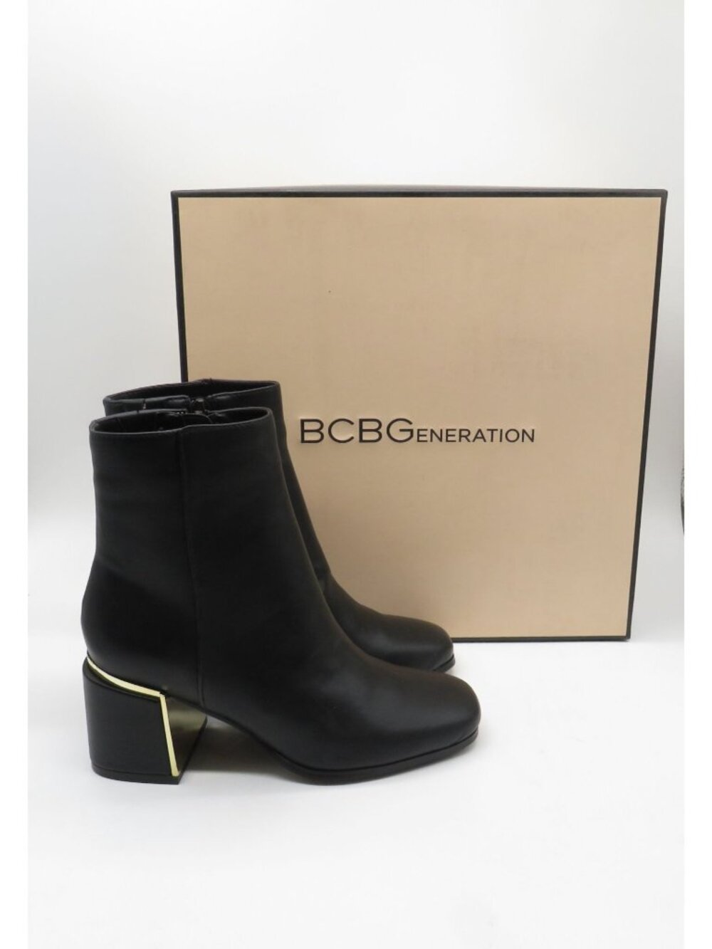 BCBGeneration Sandra Black Ankle Boots Gold Accent Block Heels Size 5M/35 NEW
